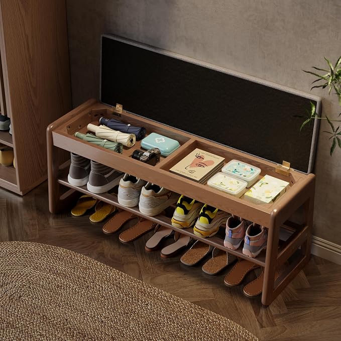AQIMUELE Shoe Rack Bench,2 Tiers Shoe Bench with Storage with Flip-Top,Wood Shoe Rack for Entryway,Hallway(Walnut Upholstered Seat,11.8" D x 39.3" W x 15.7" H - Image 2