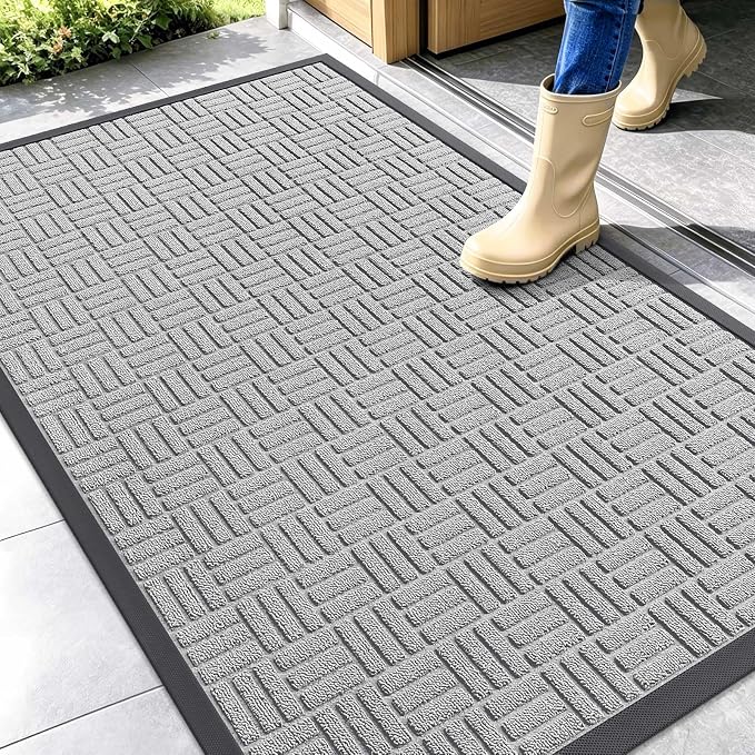 OLANLY Front Door Mat Outside Entrance 47x32, Absorbent, Heavy Duty Sturdy Natural Rubber Doormat Indoor Outdoor, Non-Slip, Stain and Fade Resistant, Low Profile Floor Mat for Entryway, Light Gray by OLANLY