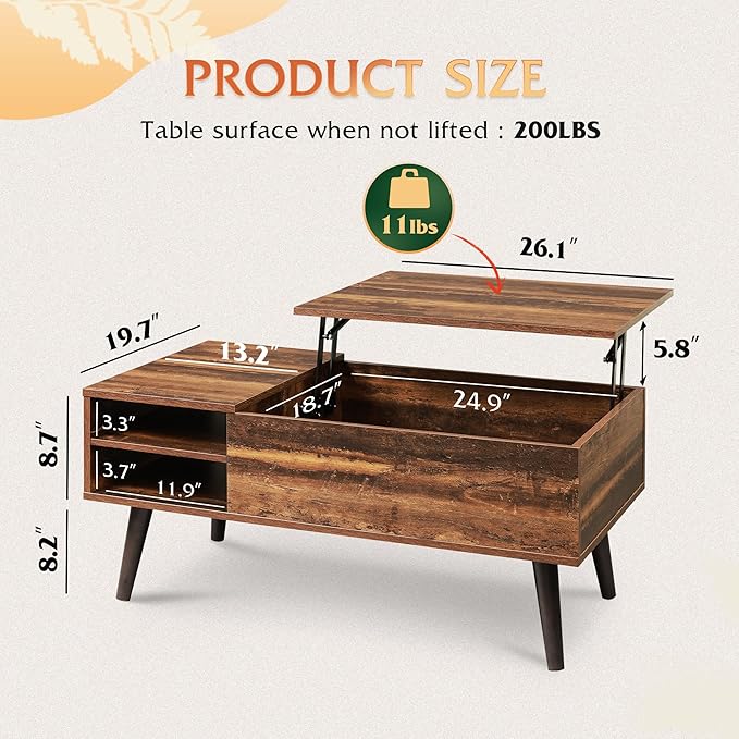 WLIVE Lift Top Coffee Table for Living Room,Small Coffee Table with Storage, Adjustable Shelf and Storage Compartment, Mid Century Modern Living Room Table, Wood, Rustic Brown