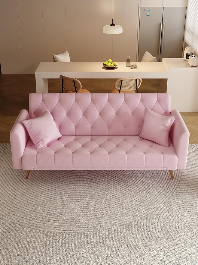 KEIKI 71 INCH Loveseat Sofa with Adjustable Backrest, Upholstered 2 Seater Velvet Couch for Living Room Bedroom Office Apartment, Pink