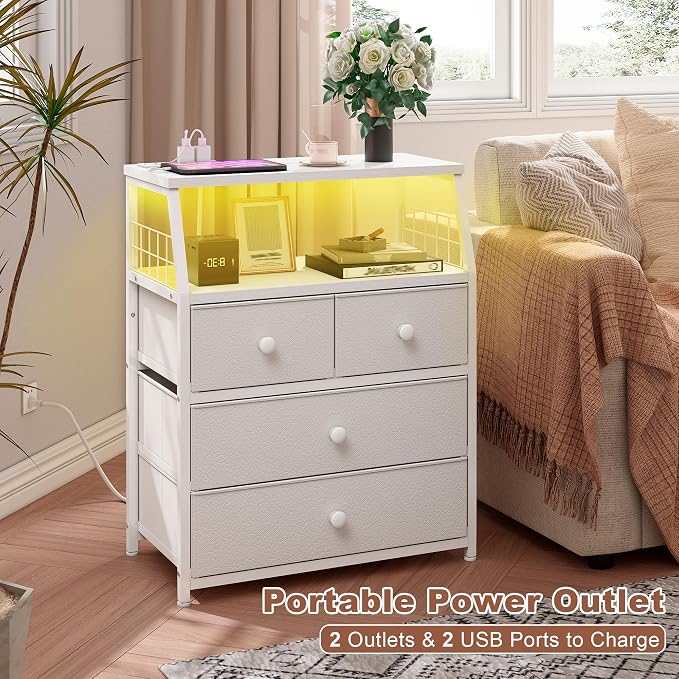 EnHomee Nightstand with Charging Station & LED Lights, End Table with 4 Fabric Drawers, Bedside Table with Shelf, Furniture for Bedroom, Dorm, Closet, Entryway, Wood Top, White - Image 8