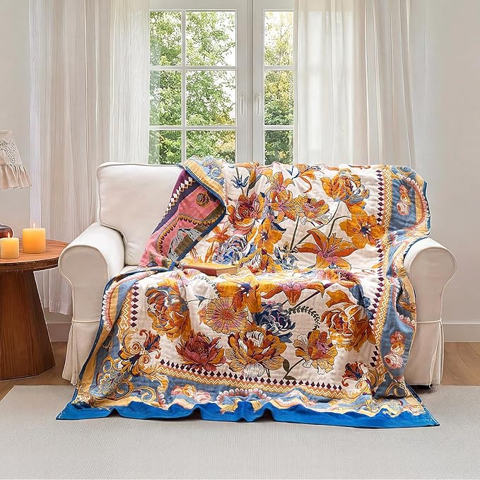 Boho Throw Blanket - 50"x60" 100% Cotton Ultra Soft Lightweight Spring Blanket, 4-Layer Breathable Muslin Blankets for Bed Couch, Reversible Yellow Floral Printed Bohemian Cotton Quilt