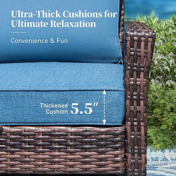 Patio Furniture Set with Swivel Chairs, High Back Wicker Rattan Sofa Chairs with 5.5" Thick Cushion and 2 Ottoman, Outdoor Conversation Set for Backyard Deck, Blue