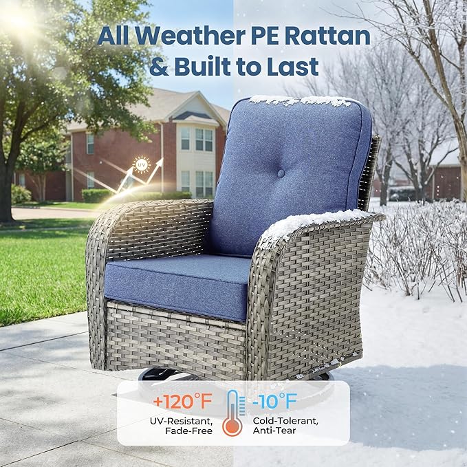Weaxty Wicker Patio Furniture Set with Swivel Rocker Chairs Outdoor Loveseat Sofa and Rattan Coffee Table, 5 Pieces Outdoor Conversation Sets for Patio Porch Deck Backyard Poolside, Denim Blue