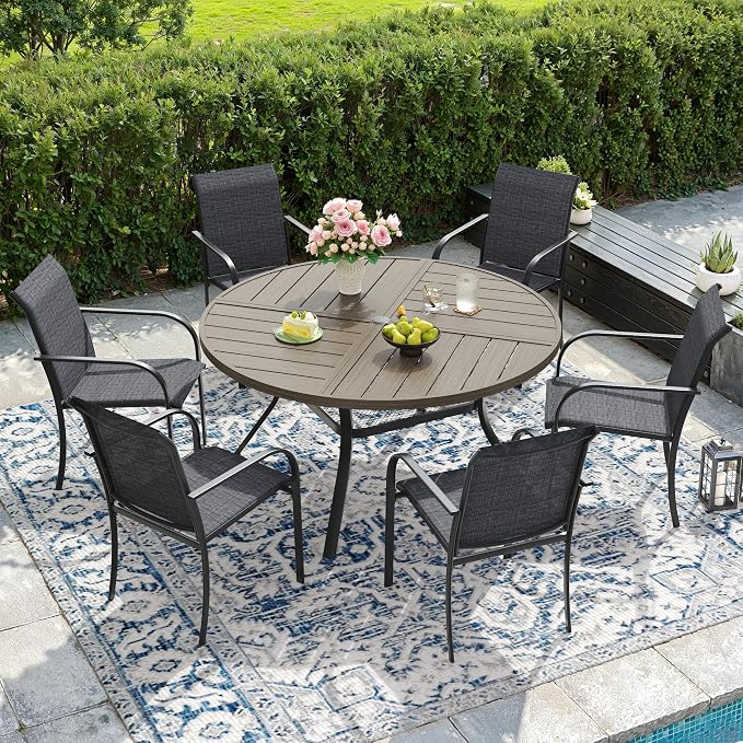 DIFY Patio Dining Set for 6, 7 Piece Outdoor Table and Chairs Set, 47.2" Grey Wood-Like Round Metal Patio Dining Table and 6 Grey Textilene Stackable Patio Chairs, for Backyard Garden Poolside by DIFY