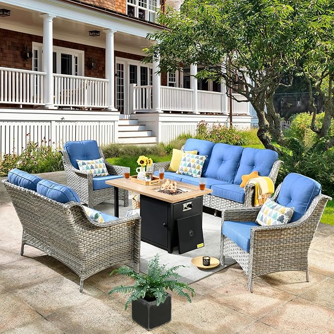 HOOOWOOO 5 Piece Patio Furniture Conversation Sets with Fire Pit Table,Outdoor Wicker Furniture,All Weather Resistant High Back Rattan Outside Furniture Patio Set(Diamond Blue)