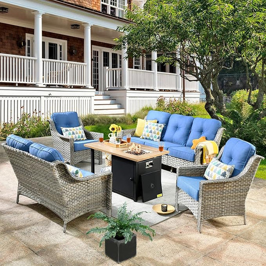 HOOOWOOO 5 Piece Patio Furniture Conversation Sets with Fire Pit Table,Outdoor Wicker Furniture,All Weather Resistant High Back Rattan Outside Furniture Patio Set(Diamond Blue)