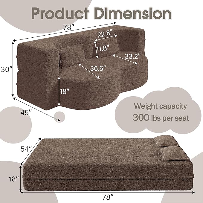 78" Convertible Sofa Bed, 2-in-1 Folding Floor Couch with 2 Pillows, Sleeper Sofa for Living Room and Bedroom, No Assembly Required (Brown, Teddy Fabric)