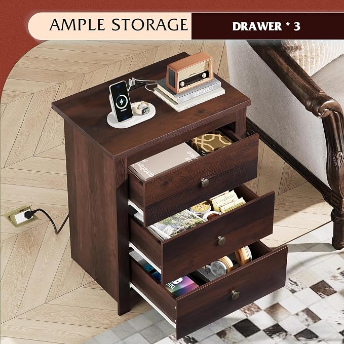 WLIVE Tall Nightstand with Charging Station, Wood Night Stand with 3 Drawers Storage, Bedside Table End Side Tables with 2 USB Ports and Outlets for Bedroom, Closet, Espresso - Image 5