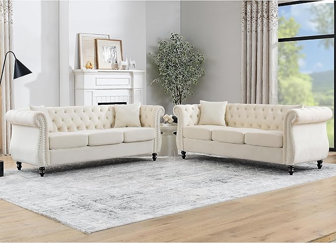 KEIKI Chesterfield Sofa, Retro Style Upholstered 3+3 Seats Velvet Couch with Rolled Arm for Living Room Bedroom Office, Beige