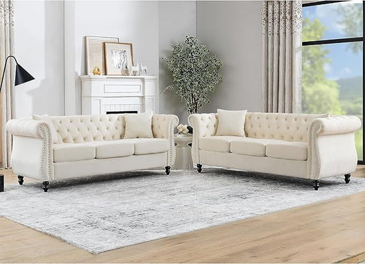 KEIKI Chesterfield Sofa, Retro Style Upholstered 3+3 Seats Velvet Couch with Rolled Arm for Living Room Bedroom Office, Beige