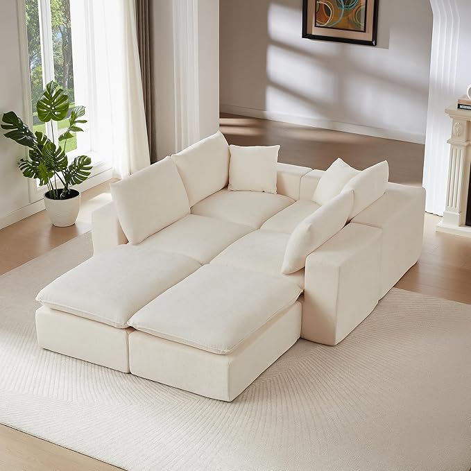 Cloud Modular Sectional Couches Boneless Sofa for Living Room, 138" Oversized U Shaped Corner Couch with Movable Ottomans, Memory Foam Compressed 6 Seater Sofa for Living Room | Plush, Wider Armrest, Free Combination