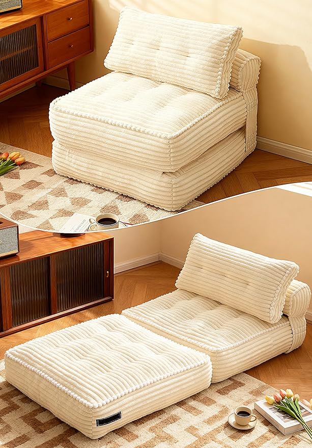 KINGYES Folding Sofa Bed, Corduroy Convertible Sleeper Chair with Pillow, Foldable Single Futon Chair for Living Room, Beige