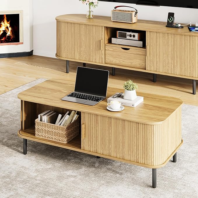 Coffee Table with Storage, 47.2" Mid Century Modern Coffee Tables for Living Room, Rectangle Wood Center Table with Sliding Tambour Door & Adjustable Leg for Living Room, Oak