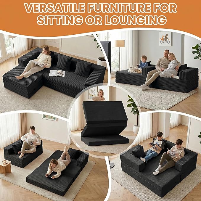 Modular Sectional Sofa, Boneless Convertible Oversized Sleeper Sofa Bed, Modern Tri-Folding Cloud Couch with L-Shape Chaise, Corduroy Futon Couches for Living Room Small Spaces Apartment,No Assembly