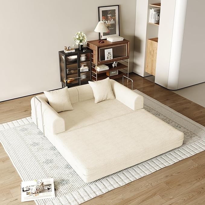 59'' Convertible Compressed Corduroy Folding Cloud Sofa Bed, Modern Boneless Pull Out Loveseat Sleeper in a Box, 4 in 1 Floor Mattress Futon Cloud Couch, No Assembly Needed, Beige, 2 Pillows, Queen