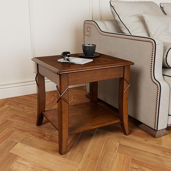 Solid Wood Side End Table with Storage Shelf, Mid-Century Sofa Beside Table with Splicing Top,Telephone Table for Living Room, 19.7"L x 17.9"W x 19.7"H Easy Assembly, Cherry Brown CJZ-DR200
