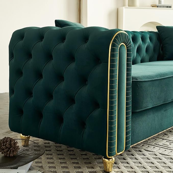 KEIKI 86" Chesterfield Velvet Button Tufted Sofa with High Density Foam Cushions and 2 Toss Pillows, Modern Style 3-Seater Couch with Gold Strip Trim Decoration, Easy Assembly, for Living Room, Green