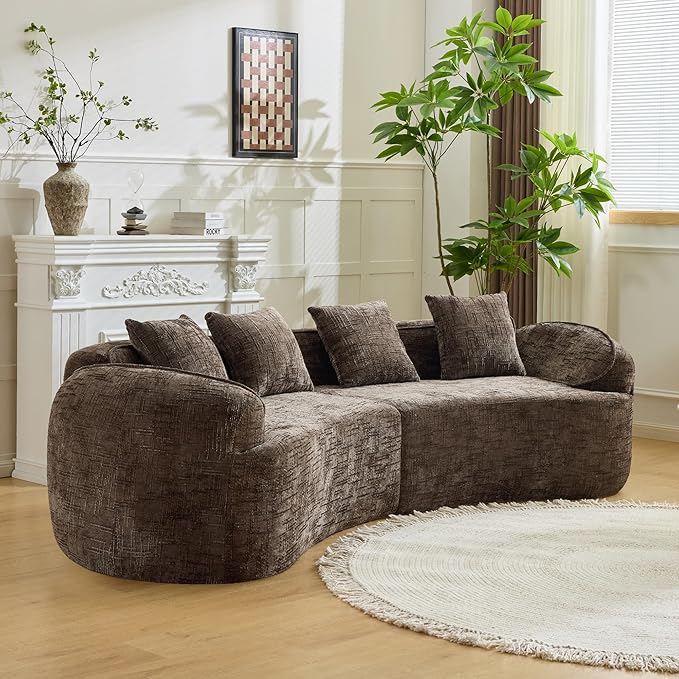 109-Inch Curved Boneless Sofa Couches Compressed 4-Seat Foam Couch for Living Room Bedroom, Boneless Modular Cloud Sofa Curved Floor Couch with 4 Pillows, No Assembly
