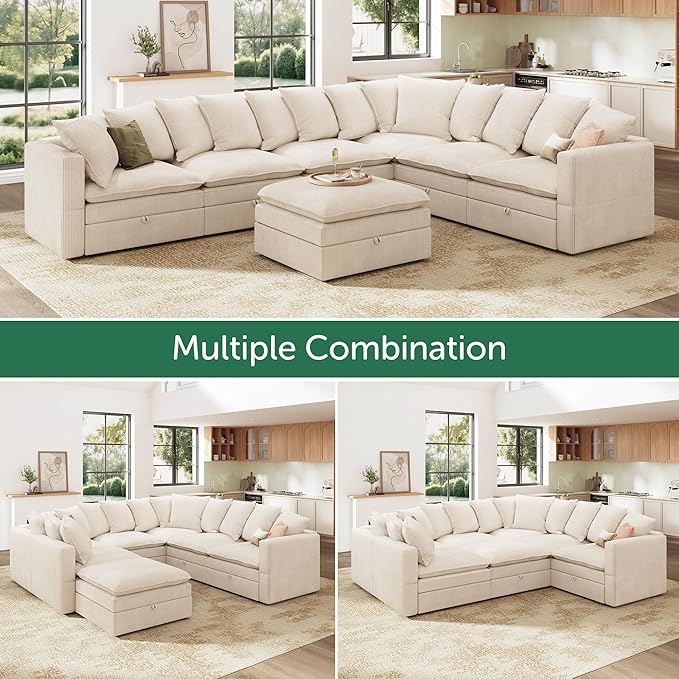 HONBAY Modular Sectional Sofa with Ottoman, 7 Seat U Shaped Couch with Storage & Pillows, 137 Inch Oversized Sectional Sofa for Living Room, Beige