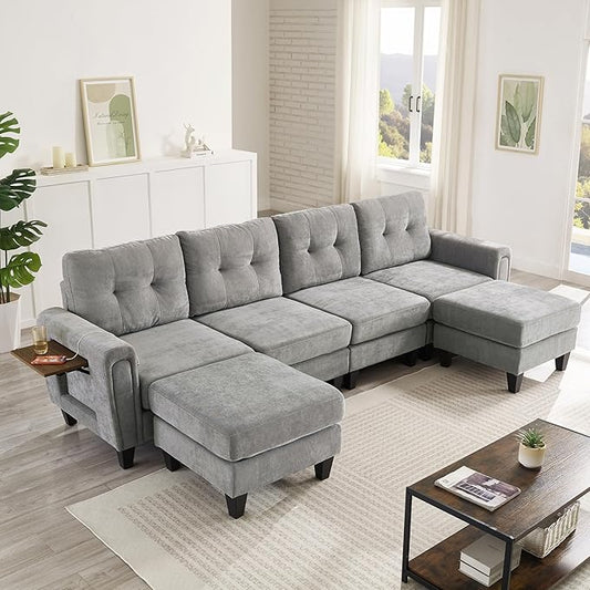 ERYE 115-Inch U-Shaped Modular Sectional Sofa Include 2 Ottomans and 4 Seat, Comfy Chenille Upholstered Tufted U Shaped Sectional Couch W/Coffee Table and USB-C Ports