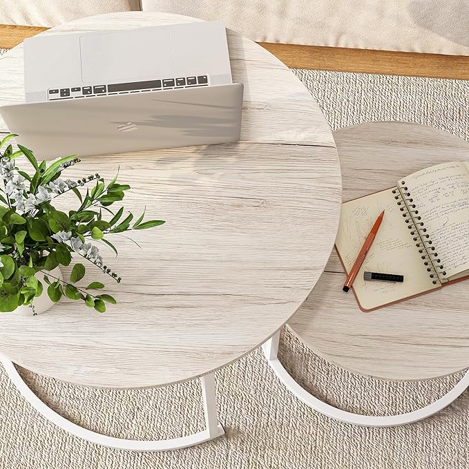 HOJINLINERO Round Coffee Table,Nesting Coffee Table Set of 2,Center Tables for Living Room,Office, Home Small Space,Stacking Side Tables,Sturdy and Easy Assembly,Wood Desktop,Oak+White,Large