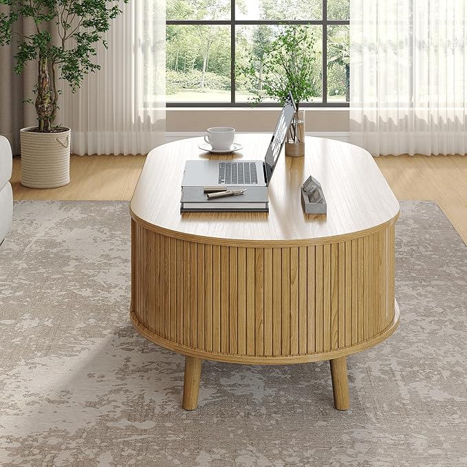 Alohappy Oval Coffee Table, Mid Century Modern Coffee Table with Sliding Tambour Door, Fluted Center Table with Hidden Storage, Curved Profile Dining Table for Living Room, Home Office,Natural Oak