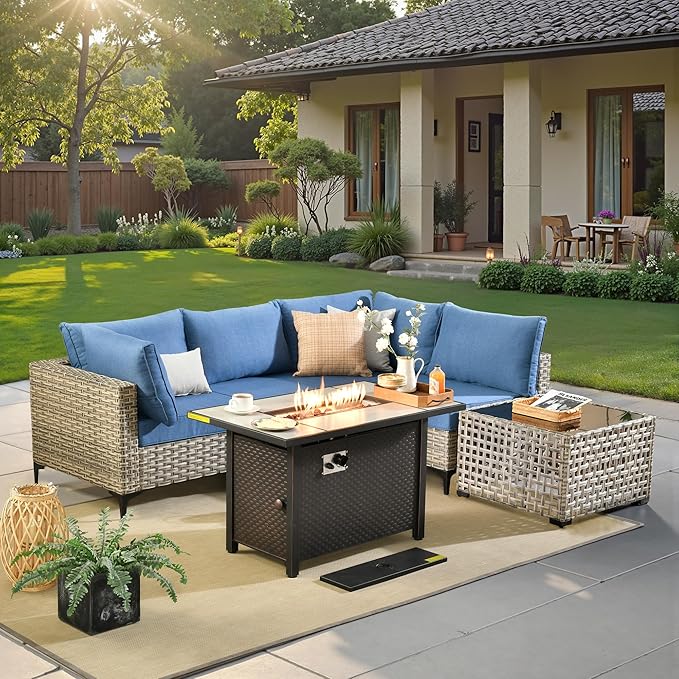 6 Pcs Patio Furniture with Fire Pit Table, Outdoor Rattan Wicker Conversation Set with Glowing Coffee Table, Comfy Sectional Sofa for Porch Balcony Backyard Pool, Light Blue