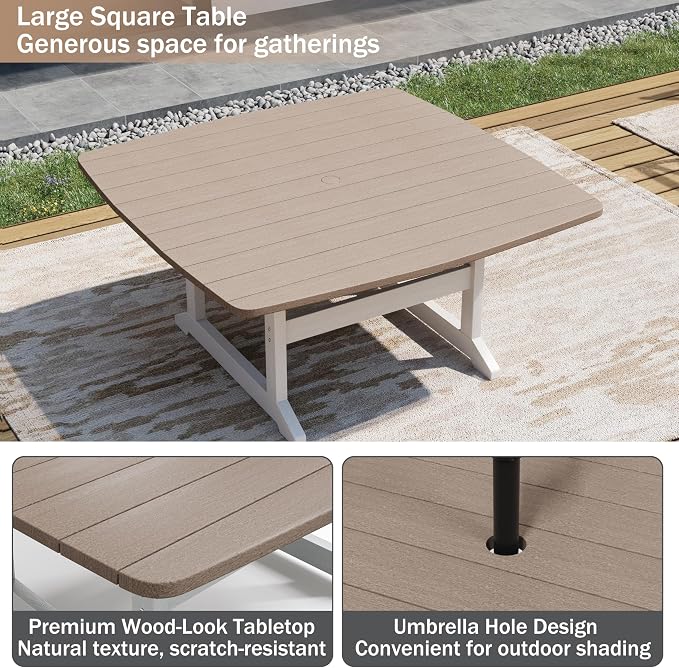Outdoor Dining Set, HDPE 9-Piece Patio Table and Chairs Set, All-Weather Outdoor Dining Table Set for 8 with Umbrella Hole, Durable Patio Furniture Set with Chairs,White Brown - Image 5