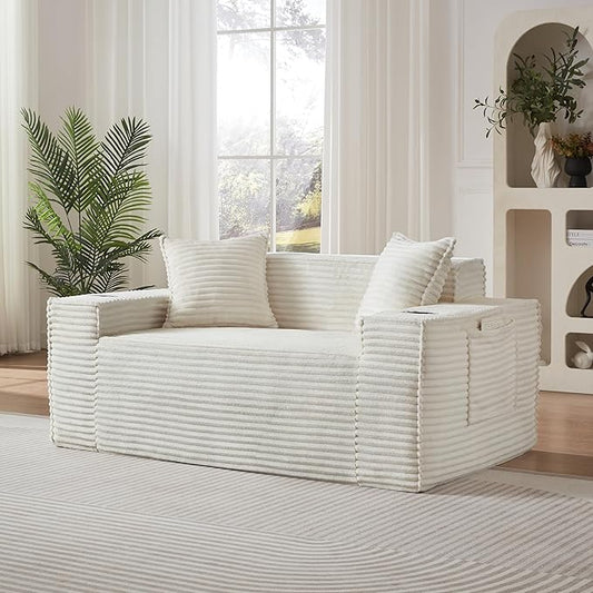 Cloud Loveseat Boneless Sofa Couch in a Box with Cupholders, Modern Corduroy Compressed Sofa for Living Room, 2 Seater High-Density Foam Couch with Pillows, No Assembly Required