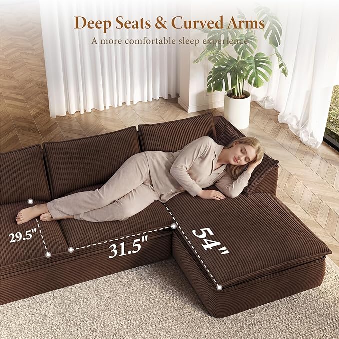 Vesgantti 141.7" Oversized Boneless Sectional Couch, Modern 7 Seater Modular Sofa with Chaise & Ottoman, Deep Seat Corduroy Cloud Couches for Living Room, No Assembly Required, Dark Brown