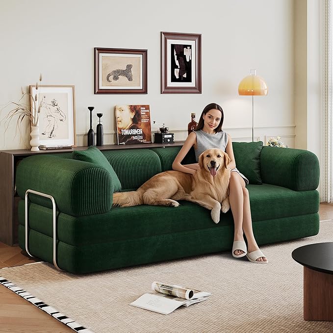 Ball & Cast 78.8" Compressed Modular Sofa Bed, No-Assembly Convertible Floor Futon Couch with Pillow Backrest & Armrest Support, Boneless Corduroy Sleeper Sofa for Living Room & Bedroom, Green