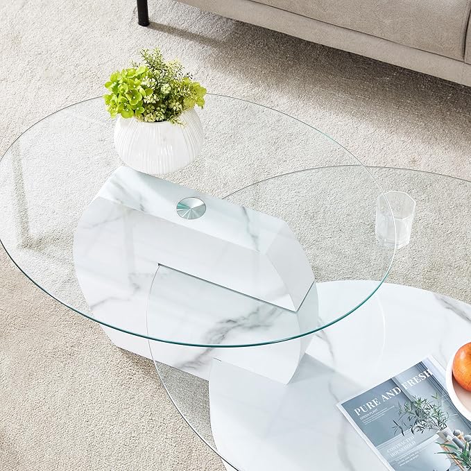 Ebullient Glass Coffee Table, 42" Oval Coffee Table, 2-Tier Glass Tabletop with White Faux Marble Pattern Base, Easy to Maintain and Assemble, Ideal for Dining Room, Living Room
