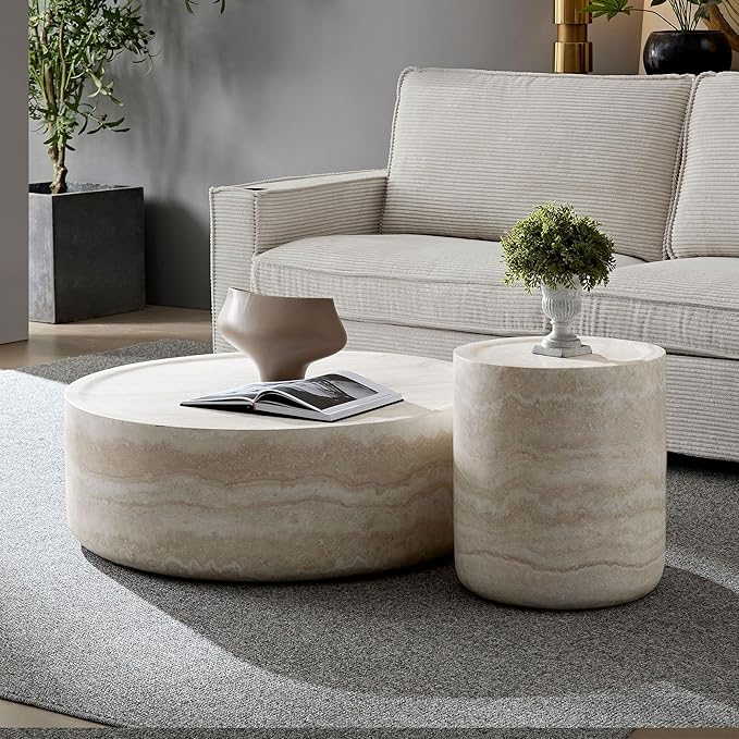 35.43" Round Coffee Table Set of 2 in Faux Marble,Stylish and Modern Fiberglass Drum Table, No Assembly Modern Table for Living Room, Office, or Balcony(Mars,ø35.43" x 11.81")