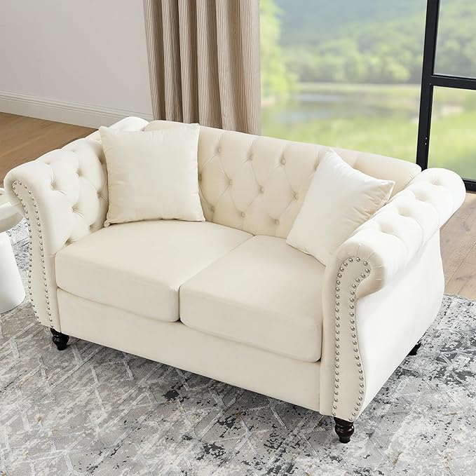 KEIKI Chesterfield Sofa, Retro Style Upholstered 2 Seater Velvet Couch with Rolled Arm for Living Room Bedroom Office Apartment, Beige