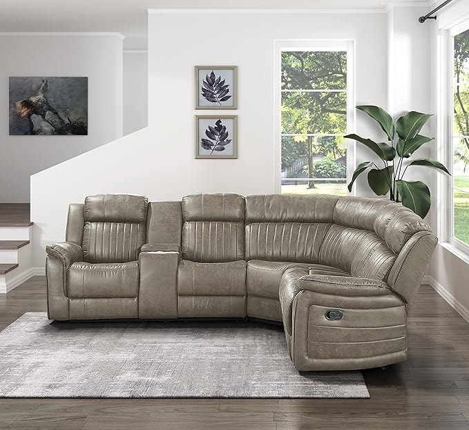Lexicon Reclining Sectional Couches for Living Room, Modern Sofa, L Shape Sectional Couch with Drop-Down Cup Holders and Storage Arms, Manual Recliner Sectional Sofa, Sandy Brown