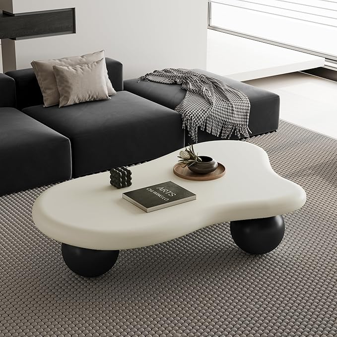 40" Modern Coffee Table Cloud Shape Low Center Table Cute Irregular Indoor Tea Table with 3 Ball Legs for Living Room Small Space