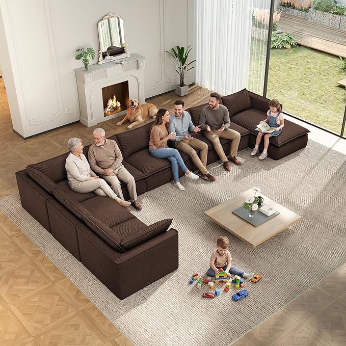 Vesgantti 141.7" U Shaped Boneless Sectional Couch, Modern 6 Seater Modular Sofa with Chaise & Ottoman, Deep Seat Corduroy Cloud Couches for Living Room, No Assembly Required, Dark Brown