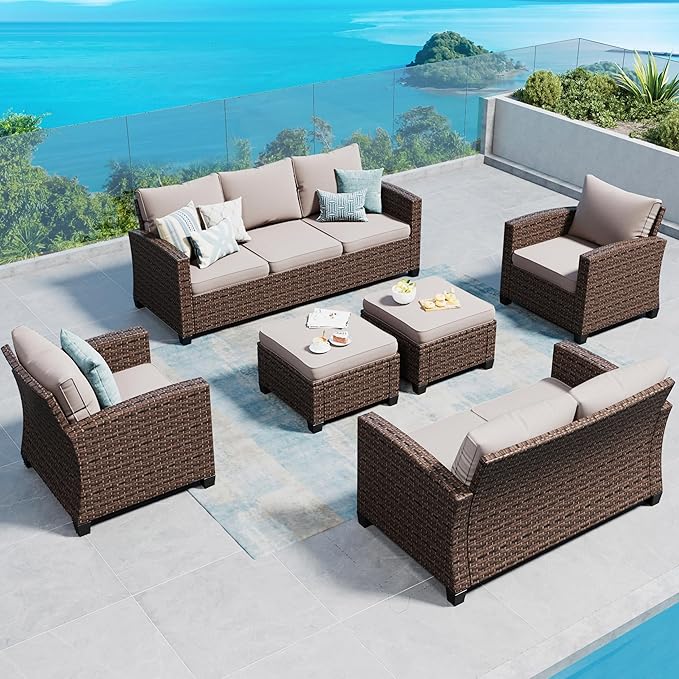 Patio Furniture Set Outdoor Furniture Brown Wicker Rattan Patio Conversation Sets with Cushion Outside Sofa Set,6 Pieces 9 Seats,Beige