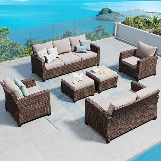 Patio Furniture Set Outdoor Furniture Brown Wicker Rattan Patio Conversation Sets with Cushion Outside Sofa Set,6 Pieces 9 Seats,Beige