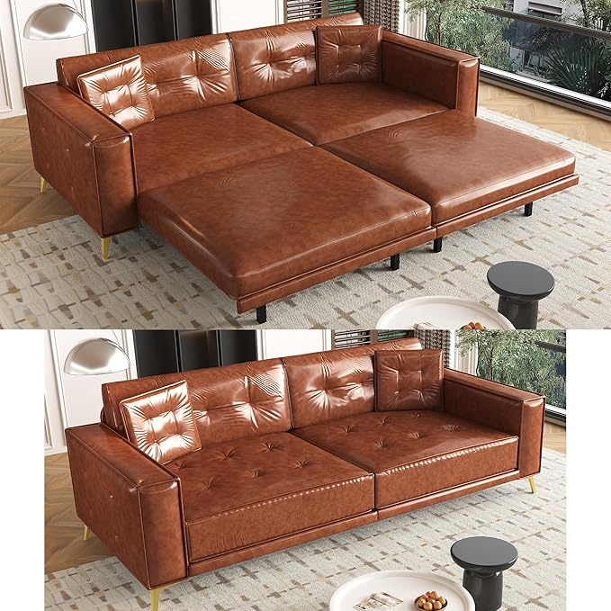 92" 3-in-1 Faux Leather Convertible Sleeper, King Size Pull Out Sofa Bed, 4-Seater Mid Century Modern Tufted Couch with 2 Pillows for Living Room, Apartment, Office (Chestnut/Reddish-Brown) | Leather Sofa Bed, King Pull Out Sofa, Tufted Couch