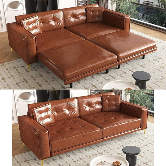 92" 3-in-1 Faux Leather Convertible Sleeper, King Size Pull Out Sofa Bed, 4-Seater Mid Century Modern Tufted Couch with 2 Pillows for Living Room, Apartment, Office (Chestnut/Reddish-Brown) | Leather Sofa Bed, King Pull Out Sofa, Tufted Couch