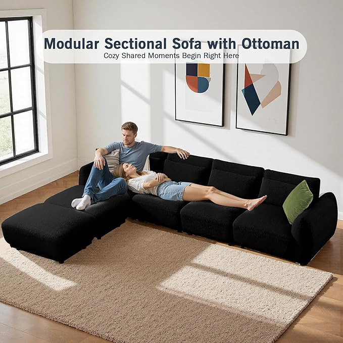 Sectional Sofa Couch, Modern U Shaped Sectional Couch with Ottoman, Modular Sectional Sofa Cloud Couches for Living Room (Black, 4 Set + 2 Ottoman)