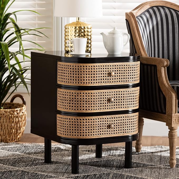 bali & pari Nabila Modern Bohemian Black Bayur Wood and Natural Rattan 3-Drawer End Table Nightstand - Image 2