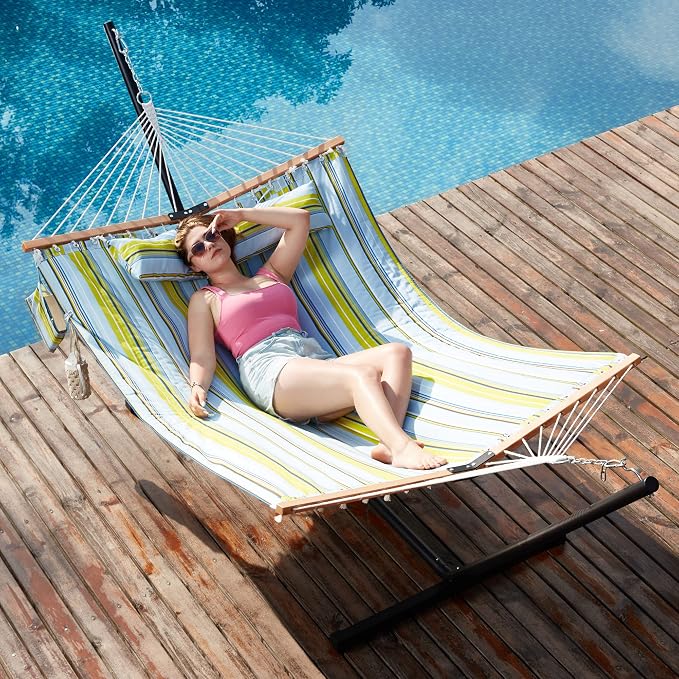 Homgava Two Person Hammock with Stand for Outside Heavy Duty, Outdoor Patio Hammock with Portable Steel Stand, Large Double Hammocks,480lbs Capacity.(Light Blue Stripes) - Image 3