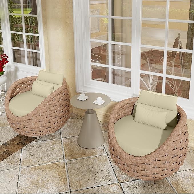 TWT 3 Pieces Aluminum Patio Furniture Set Quick Drying Textilene Rope Outdoor Sofa Set w/Washable Cushion and Rock Slab Tabletop, Conversation Furniture for Livingroom Poolside Balcony (Khaki)