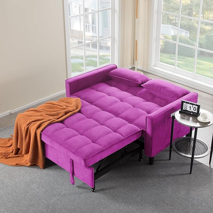3 in 1 Convertible Sofa Bed, Love Seat Sleeper Bed with Side Pockets, Velvet Fabric Pull Out Couch with Adjustable Backrest for Living Room, Bedroom, Apartment, Deep Pink