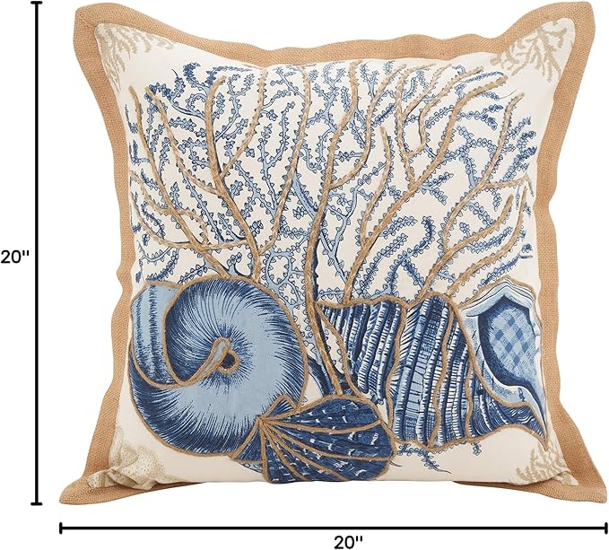 SARO LIFESTYLE Neptunian Coastal Throw Pillow – 20” x 20”, Woven Cotton Cover with Jute Trim, Zipper Closure, Down & Feather Insert – Seashell Medley, Navy Blue