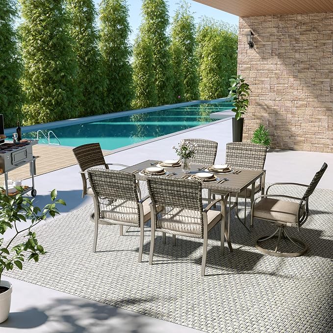 Pamapic 7-Piece Outdoor Dining Set with Table, Patio Furniture Includes 2 Swivel Chairs, 4 Wicker Chairs & Beige Removable Cushions, Weather Resistant Iron Frame for Backyard, Deck, Garden (Beige) - Image 4