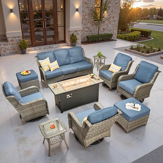 ovios 10-Piece Patio Furniture Set with Swivel Chairs Coffee Table, Outdoor Wicker Sofa with 54" Fire Pit Table, High Back Couch Modern Conversation Sets, Grey/Denim Blue